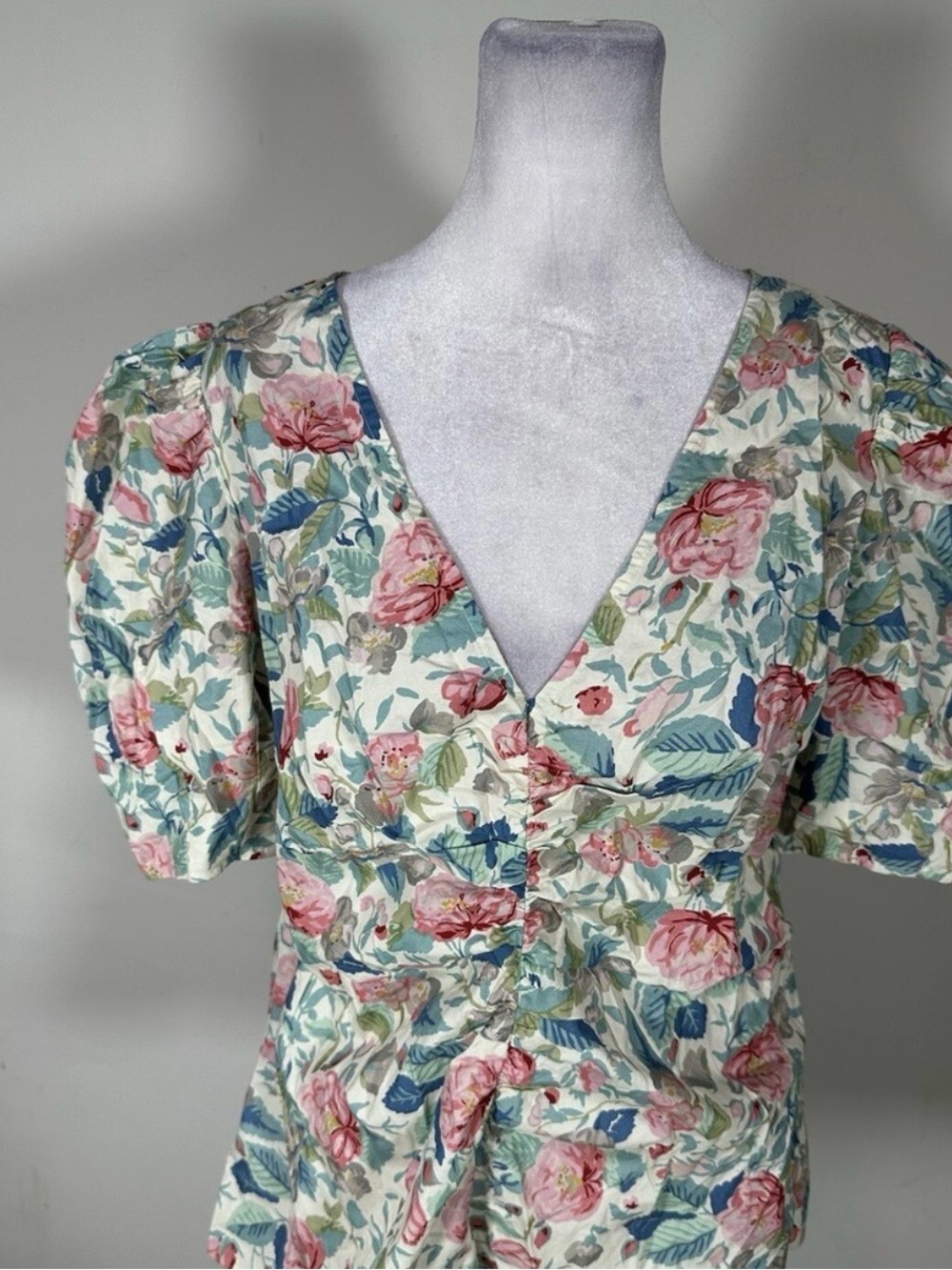 Floral V-Neck Puff Sleeve Blouse - Pink & Blue
